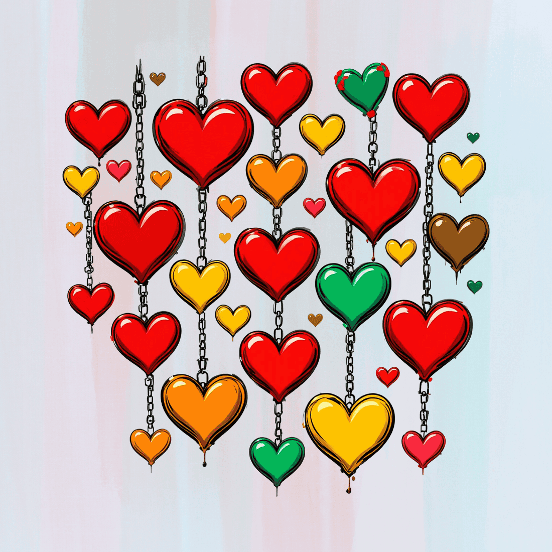 Red yellow green hanging heart ornaments T-Shirt Design preview image.