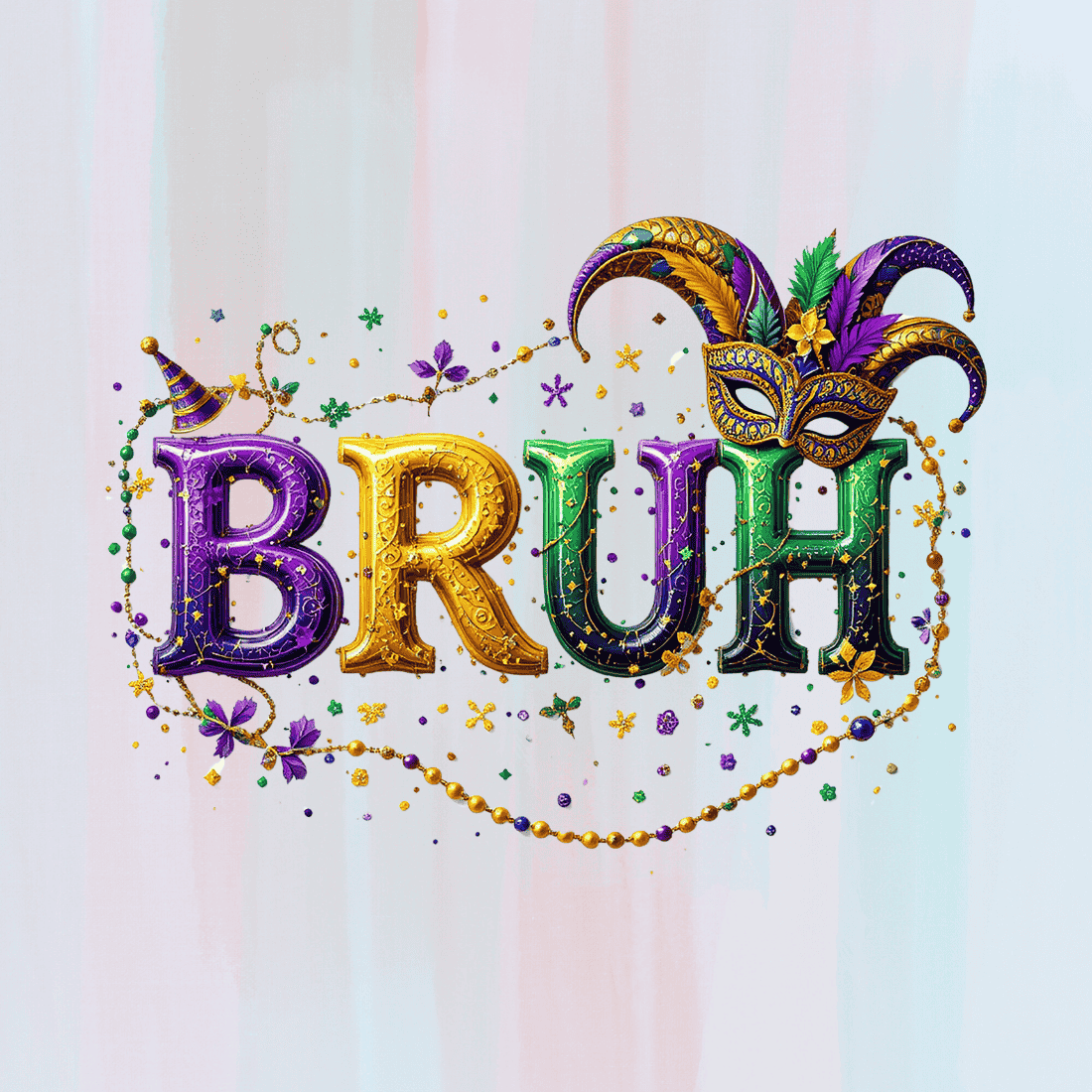 Bruh with Mardi Gras Beads T-shirt Design preview image.