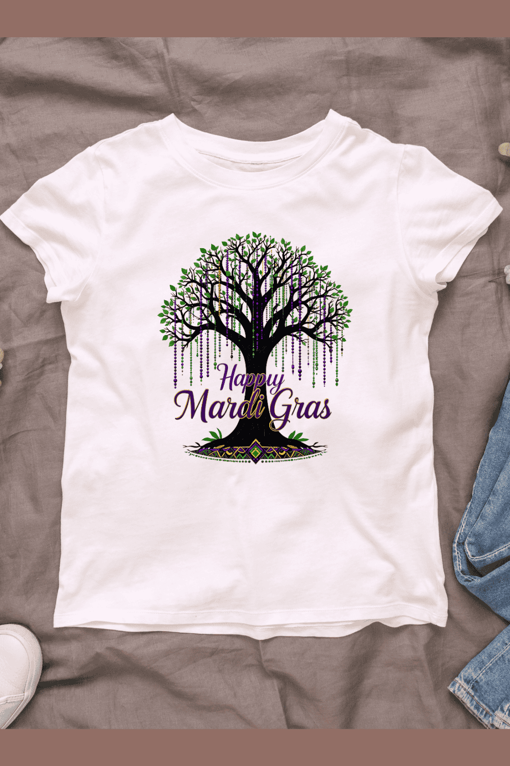 Mardi Gras tree with beaded necklaces hanging from branches T-Shirt Design pinterest preview image.