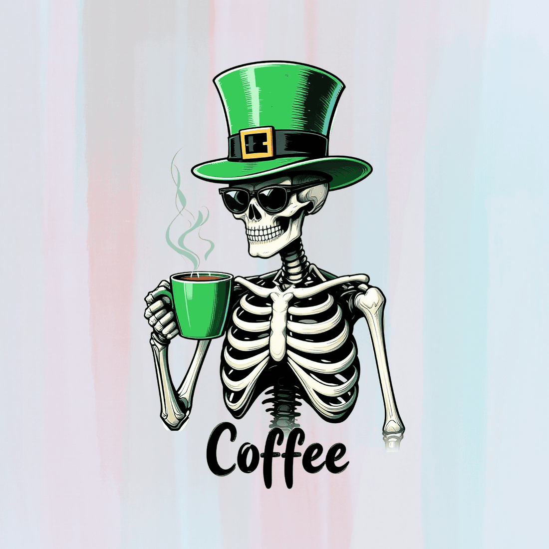 Skeleton with Leprechaun Hat and Coffee T-shirt Design preview image.