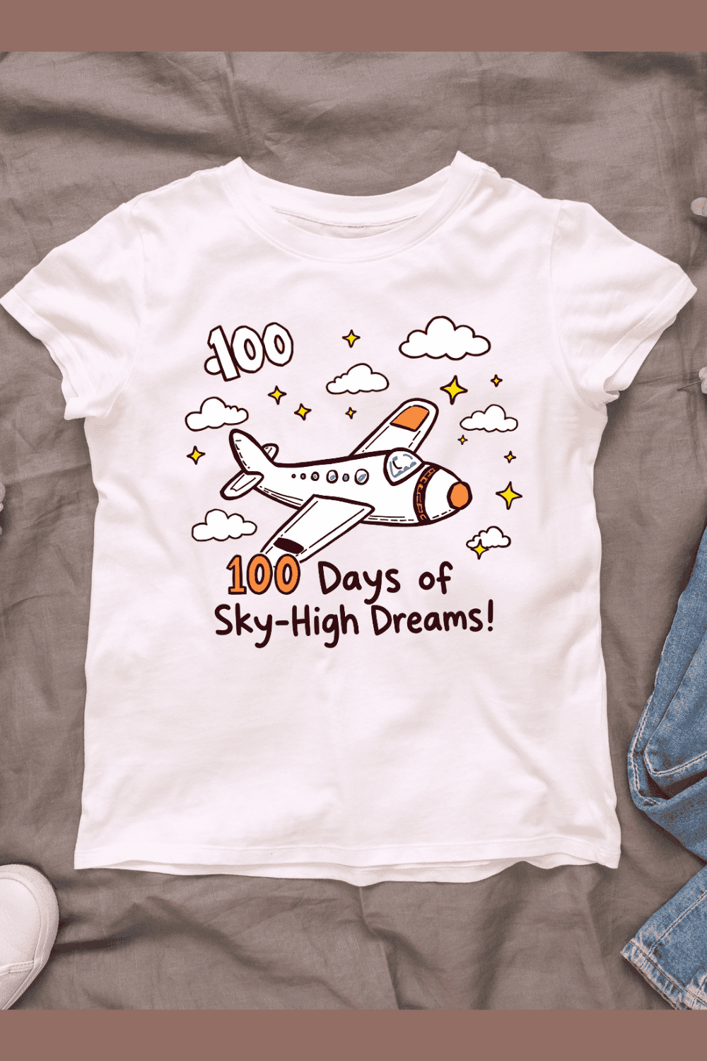 100 Days Themed Airplane with Clouds T-shirt Design pinterest preview image.