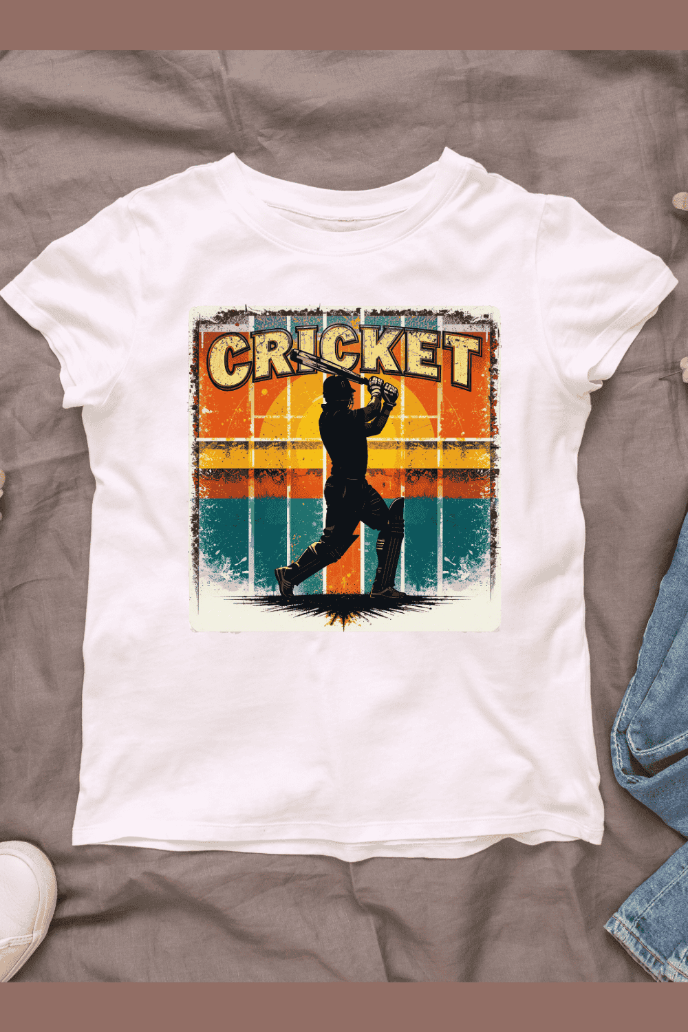 Vintage retro cricket T-Shirt Design pinterest preview image.