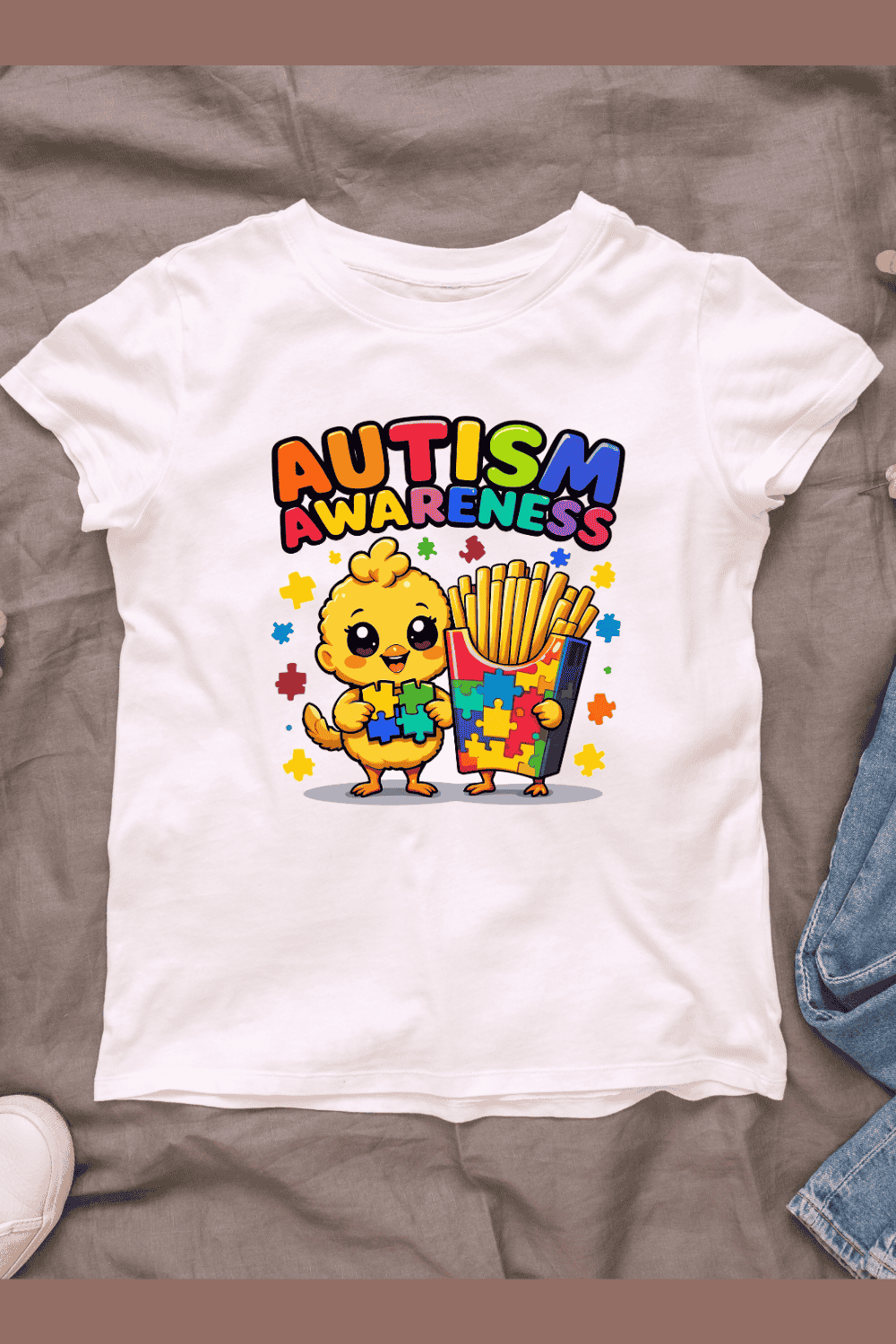 Autism awareness cartoon chick with French fries and puzzle pieces T-Shirt Design pinterest preview image.