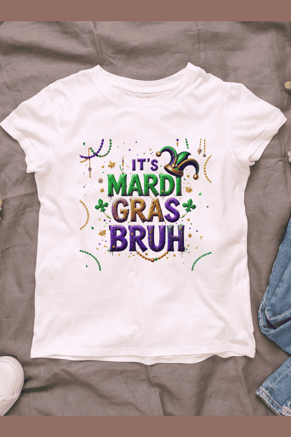 Celebrate Carnival with Mardi Gras Text and Sparkles T-shirt Design pinterest preview image.