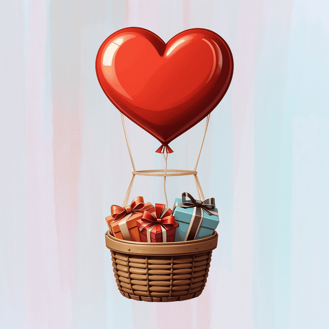 Heart Balloon with Wrapped Gifts in Basket T-shirt Design preview image.