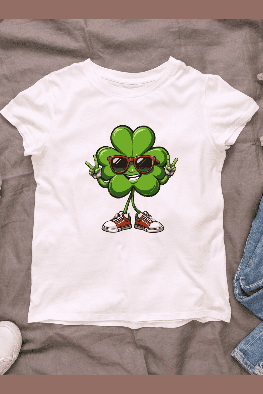 Cartoon Clover with Cool Sunglasses and Sneakers T-Shirt Design pinterest preview image.