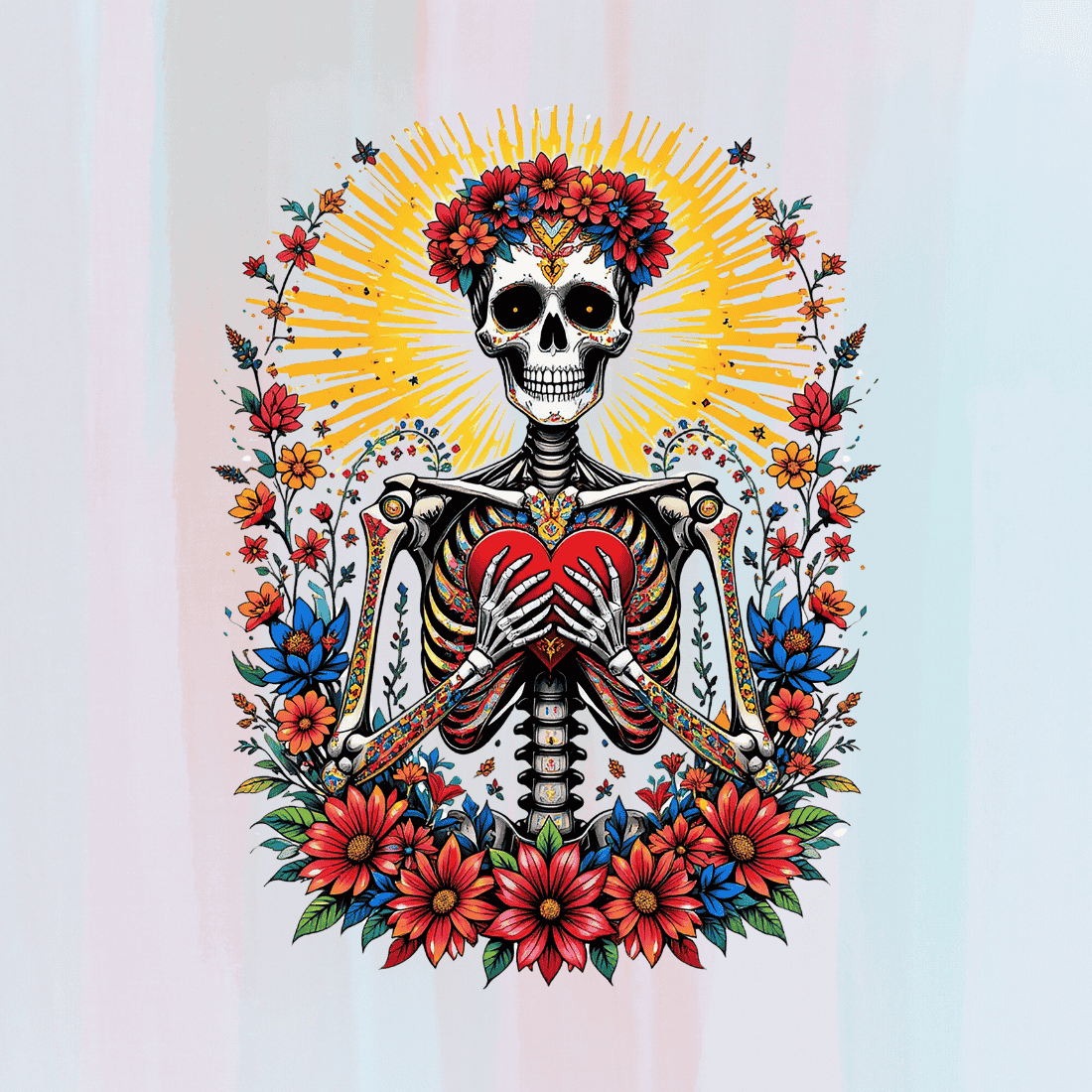 Skeleton Holding Heart with Floral Wreath T-shirt Design preview image.