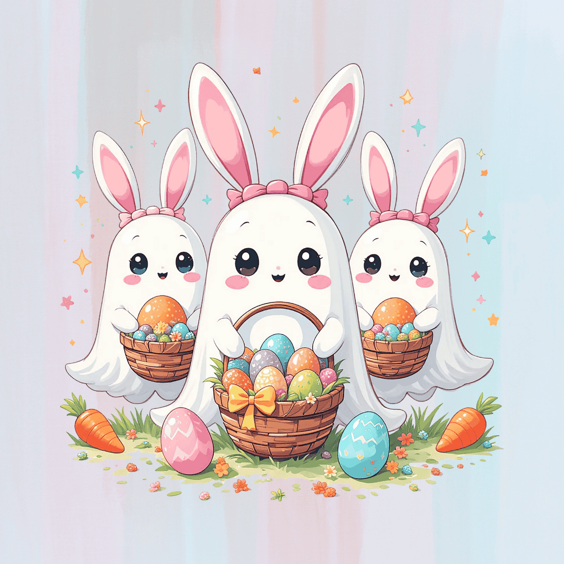 Pink bunny ears of ghost with basket filled of eggs with floral T-shirt Design preview image.