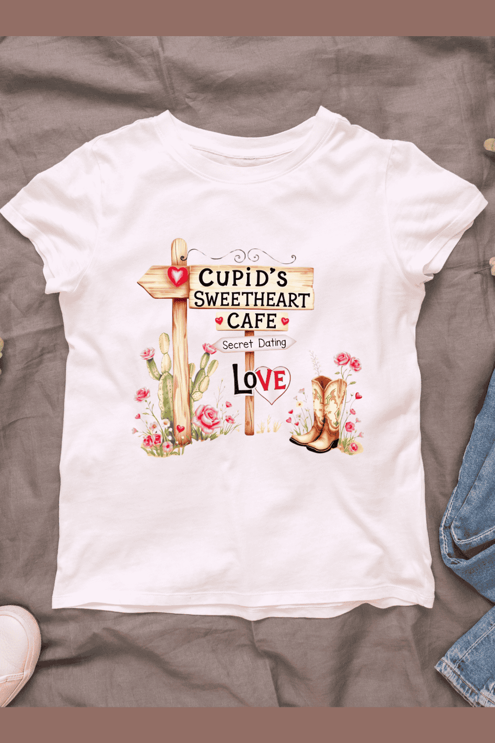 Cupid's Sweetheart Cafe Sign with Cactus and Roses T-shirt Design pinterest preview image.