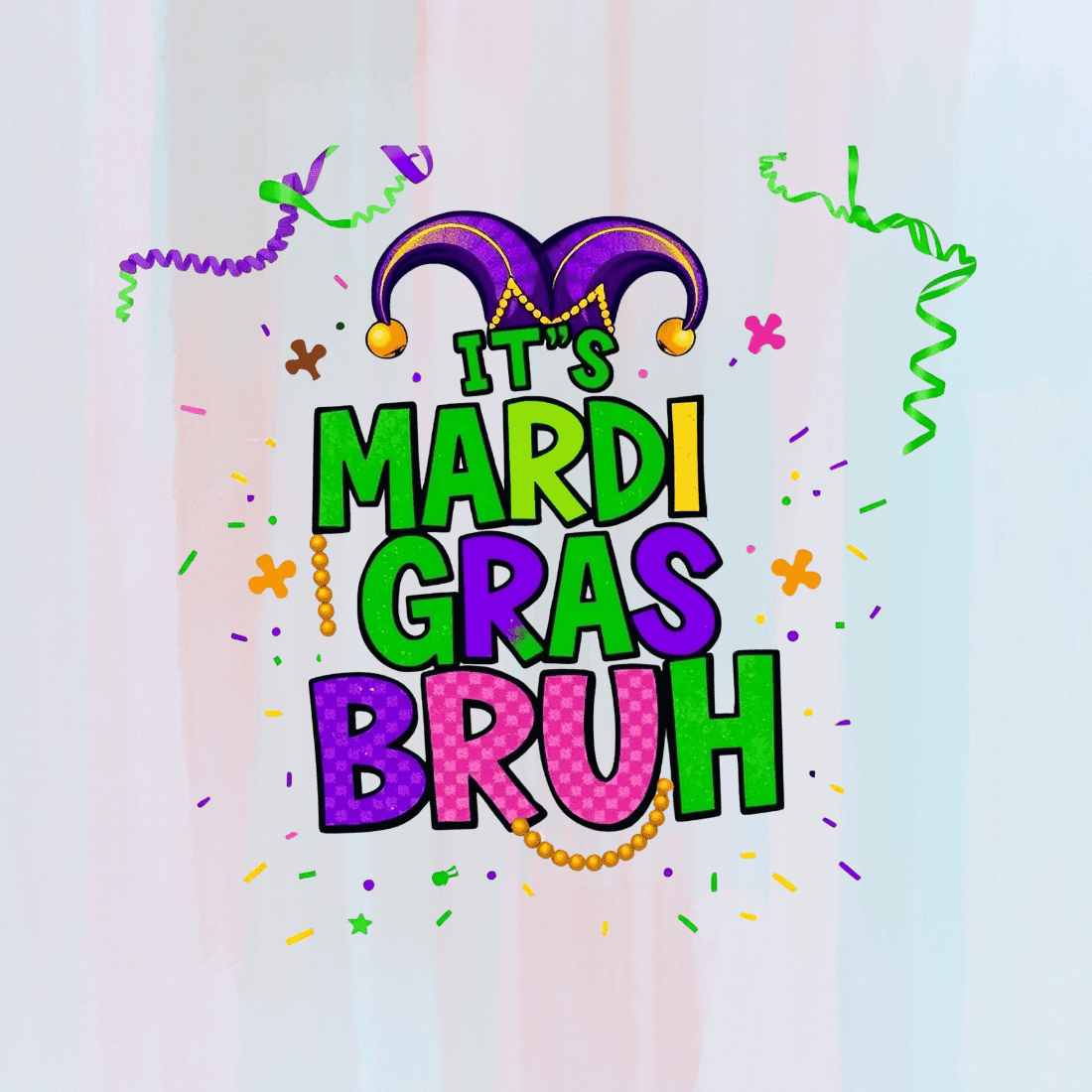 Colorful Sparkling Mardi Gras Letters T-shirt Design preview image.