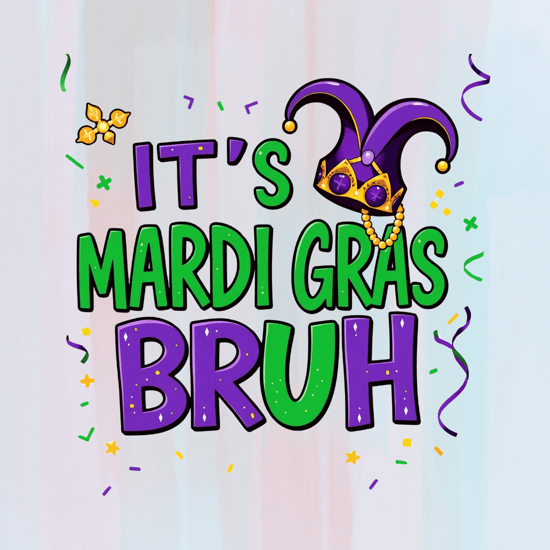 Colorful Digital Mardi Gras Text T-shirt Design preview image.