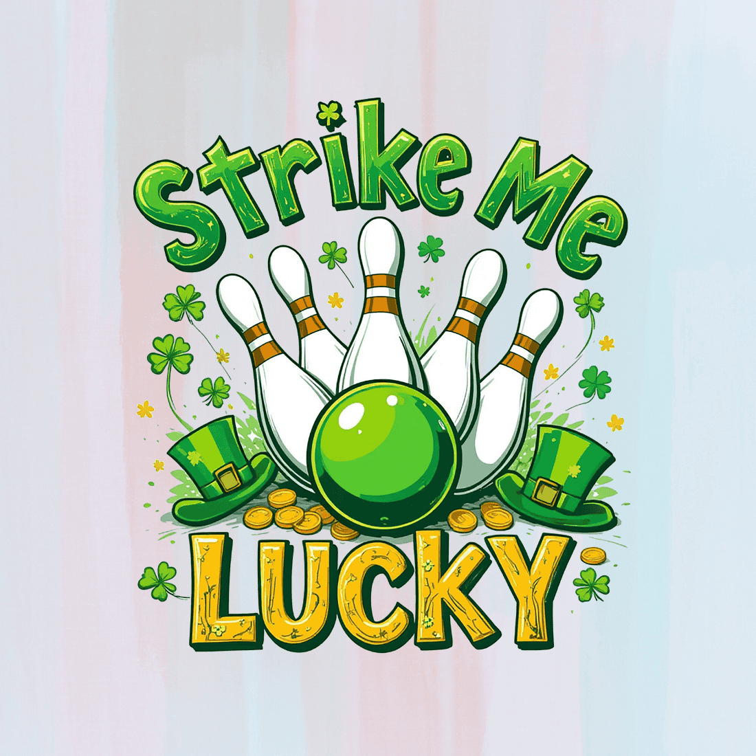 Green Bowling Ball and Pins with Clovers T-shirt Design preview image.