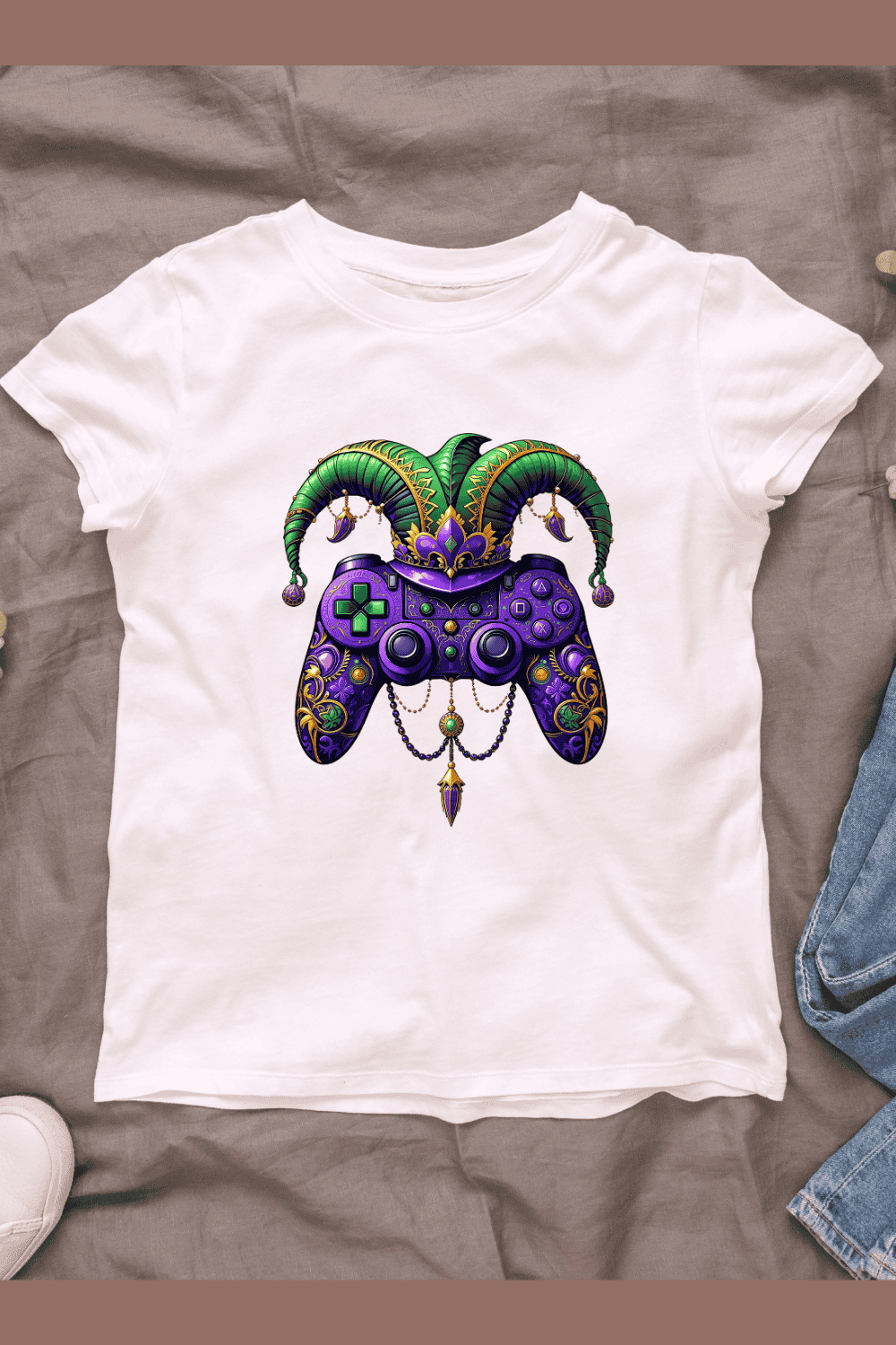 Mardi Gras Themed Video Game Controller with Jester Hat T-shirt Design pinterest preview image.