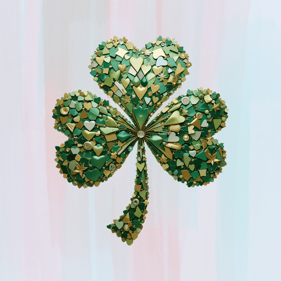 Detailed Shamrock with Green and Gold Accents T-shirt Design preview image.