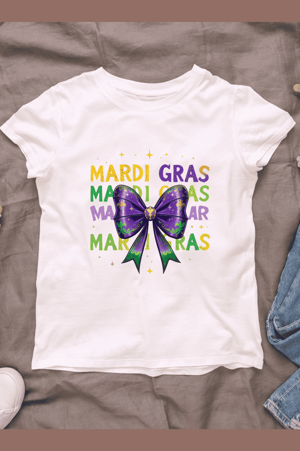 Colorful Mardi Gras Text with Bow T-shirt Design pinterest preview image.