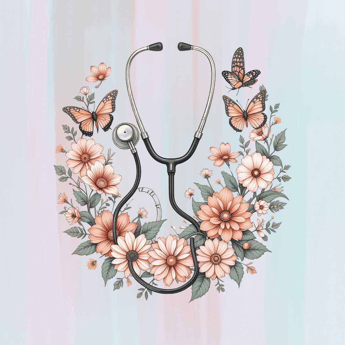 Stethoscope with Flowers and Butterflies T-shirt Design preview image.