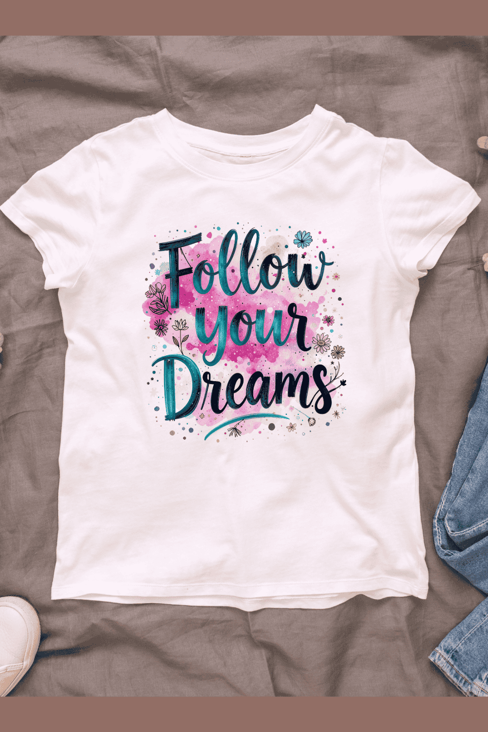 Watercolor Floral Follow Your Dreams T-shirt Design pinterest preview image.