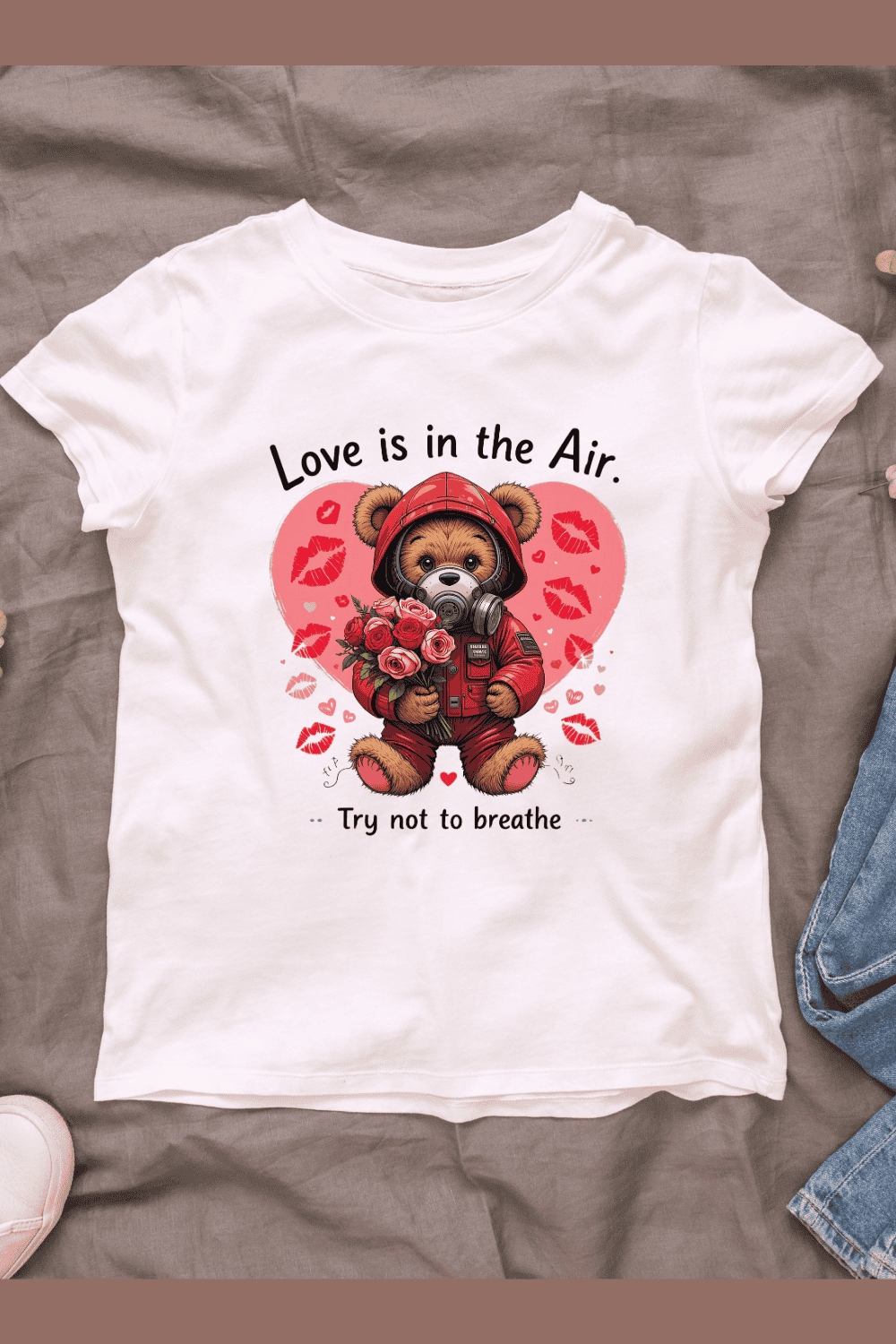 Funny Valentine's Day Illustration with Romantic Twist T-shirt Design pinterest preview image.