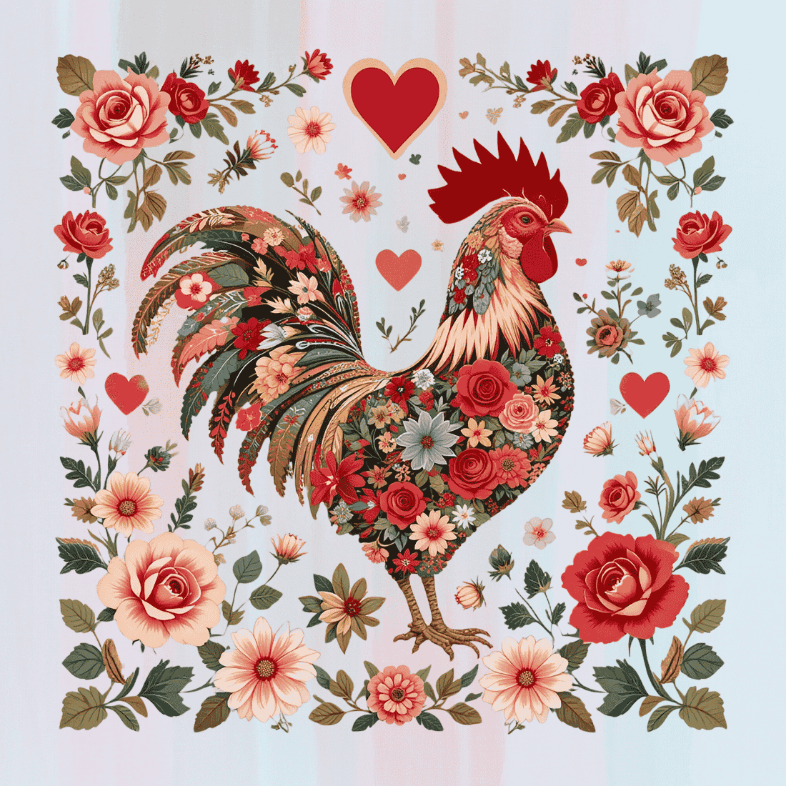 Colorful Folk Art Rooster T-shirt Design preview image.