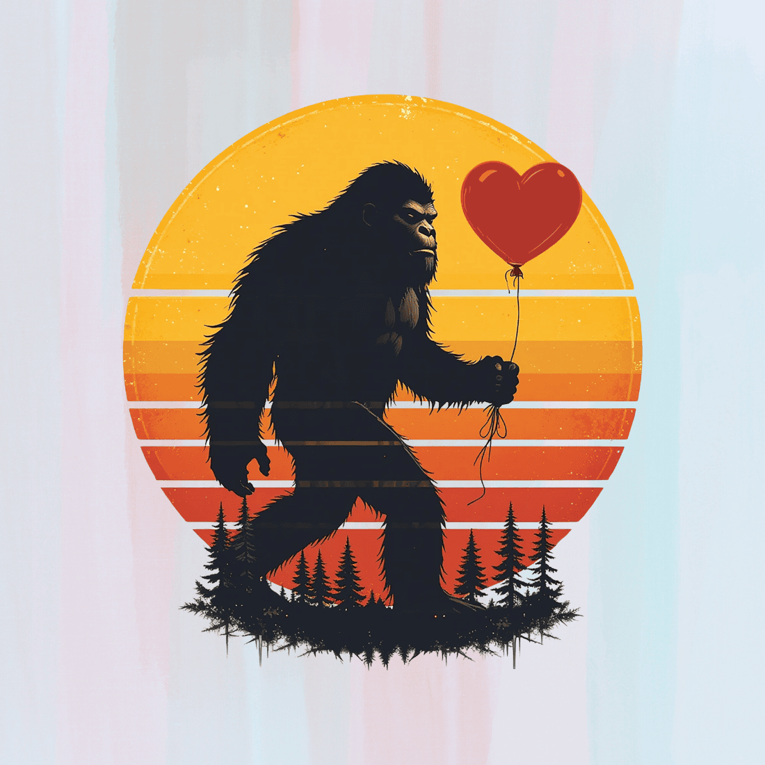 Vintage Sunset bigfoot with heart-shaped balloon T-shirt Design preview image.