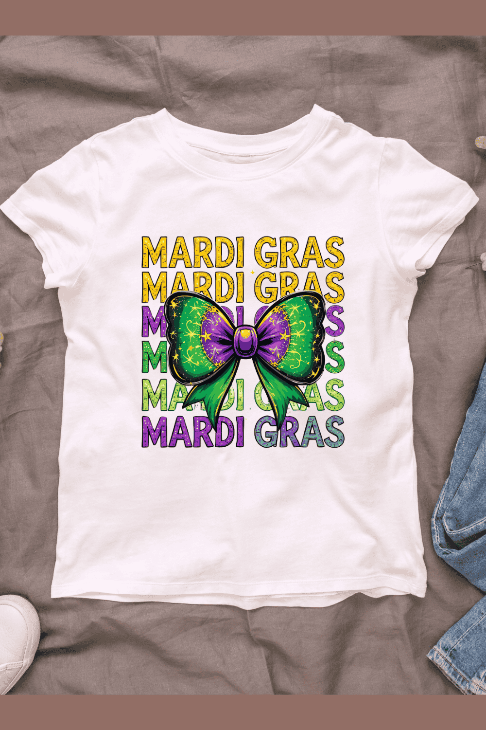 Colorful Mardi Gras Text with Bow Tie T-shirt Design pinterest preview image.