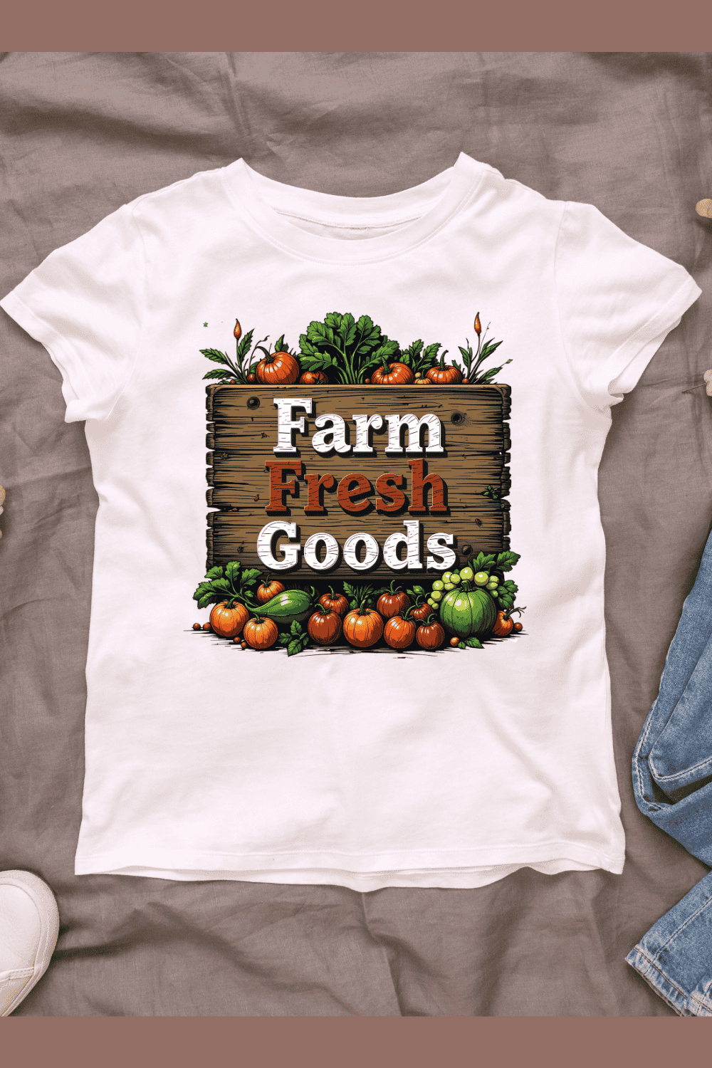 Wooden Sign with Farm Fresh Goods T-shirt Design pinterest preview image.