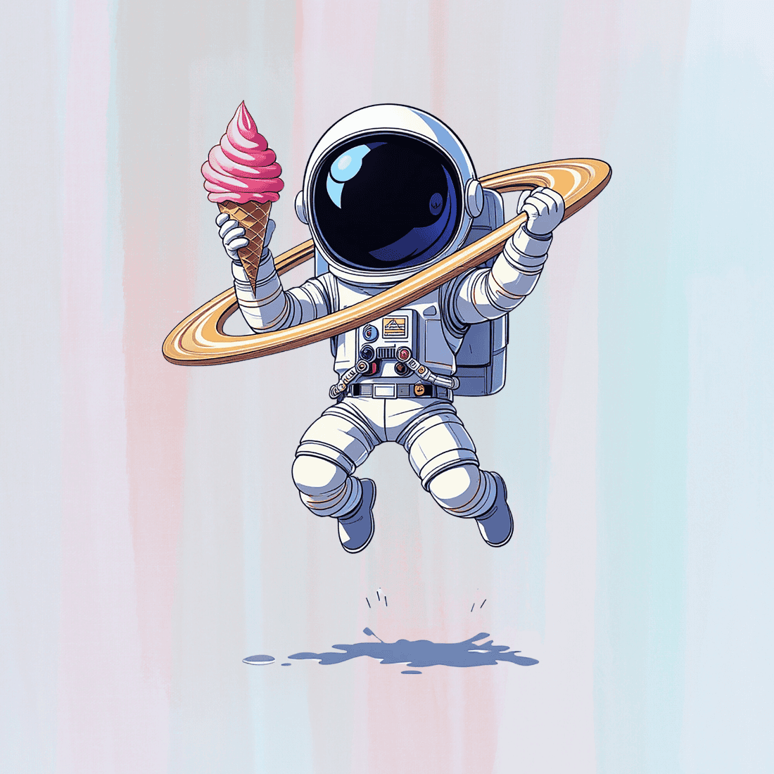 Cute cartoon astronaut with giant ice cream cone and Saturn rings T-Shirt Design preview image.