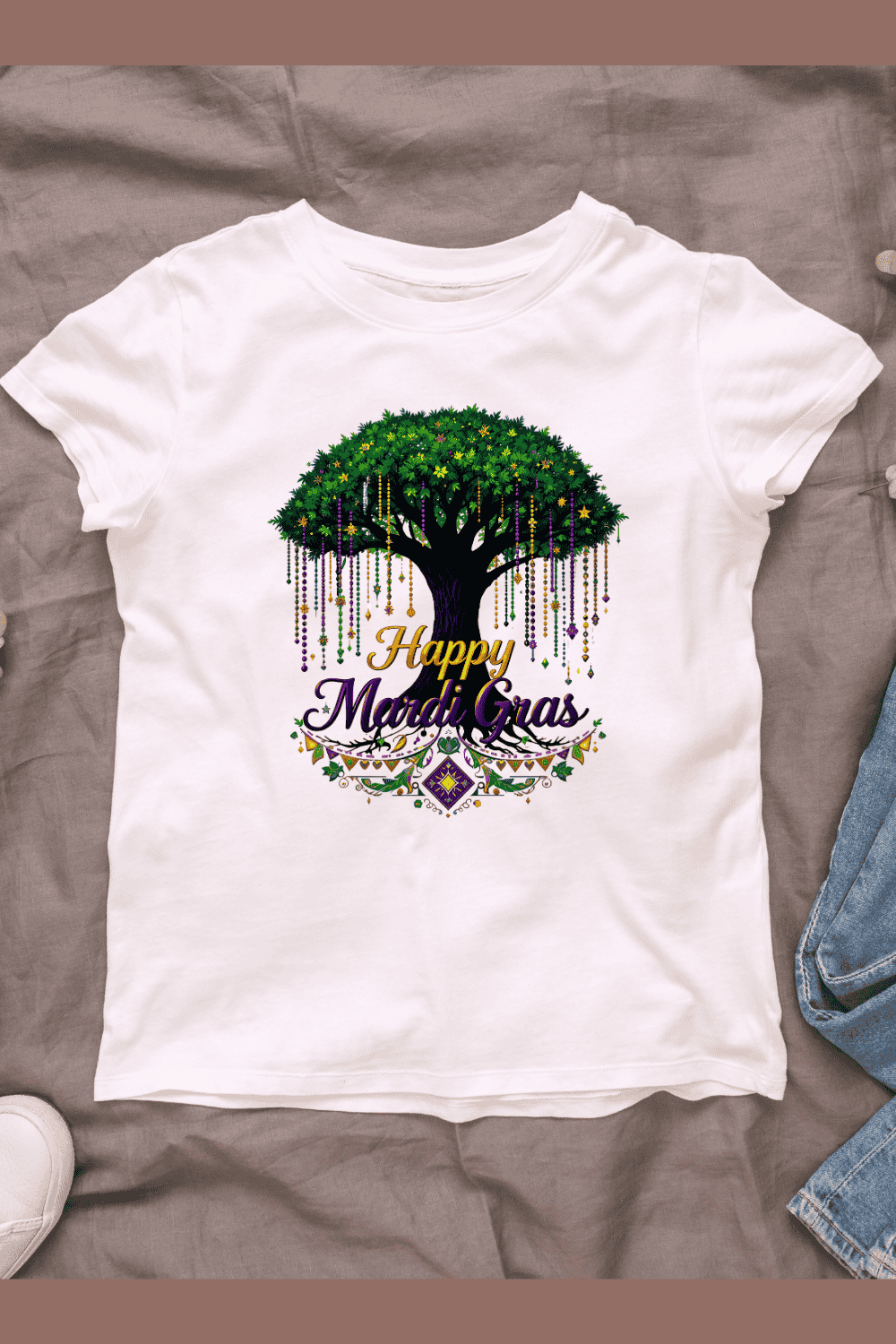 Colorful Mardi Gras tree with hanging beads T-Shirt Design pinterest preview image.