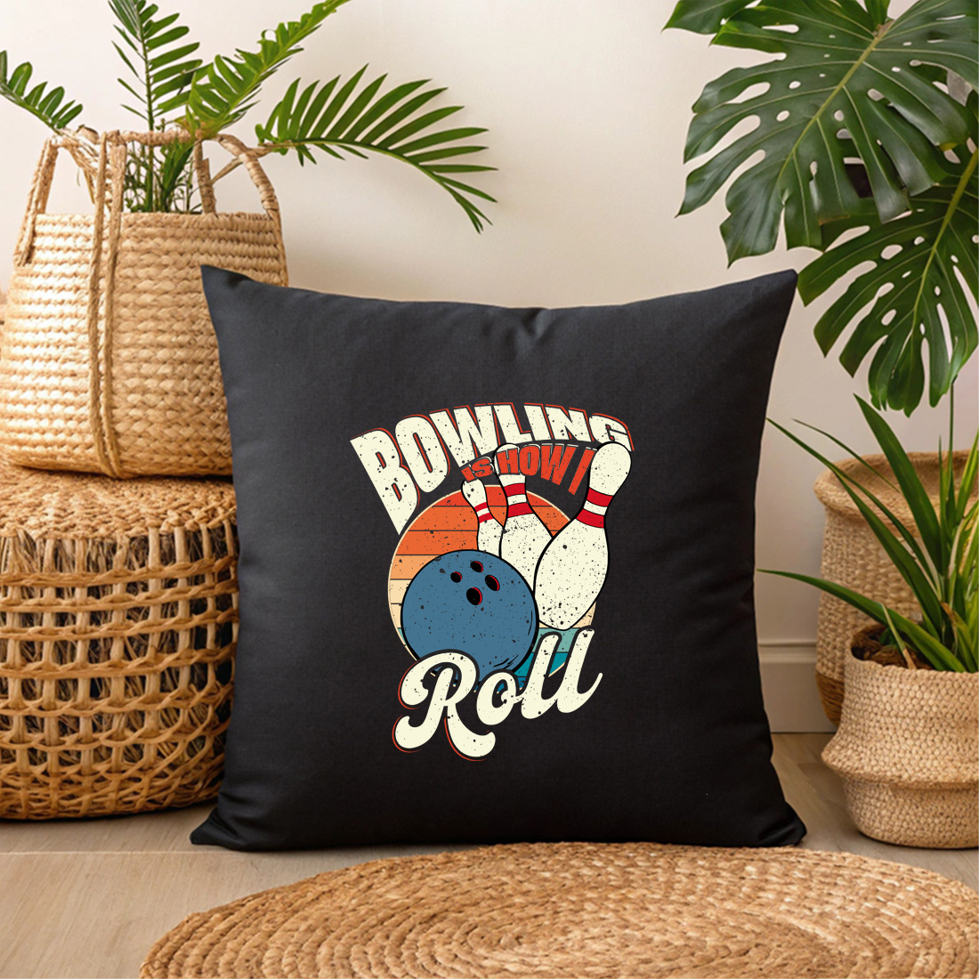 vintage bowling apparel perfect gift for bowlers how i roll design 3 black pillow mock up 70