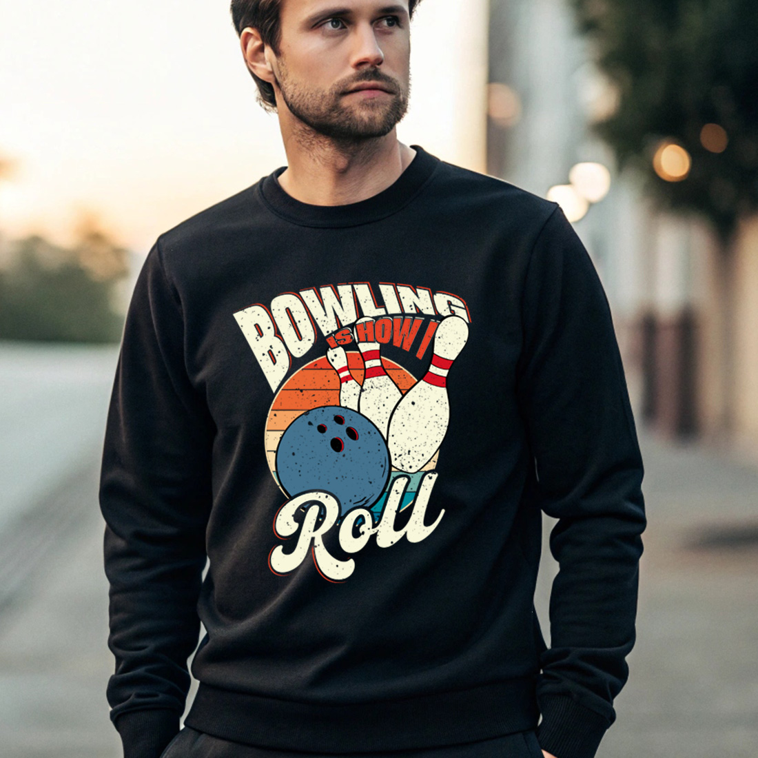 vintage bowling apparel perfect gift for bowlers how i roll design 4 black male sweatshirt mock up 596