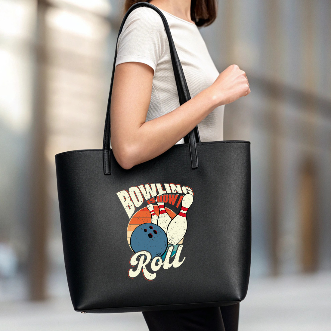 vintage bowling apparel perfect gift for bowlers how i roll design 6 black tote beg mock up 686