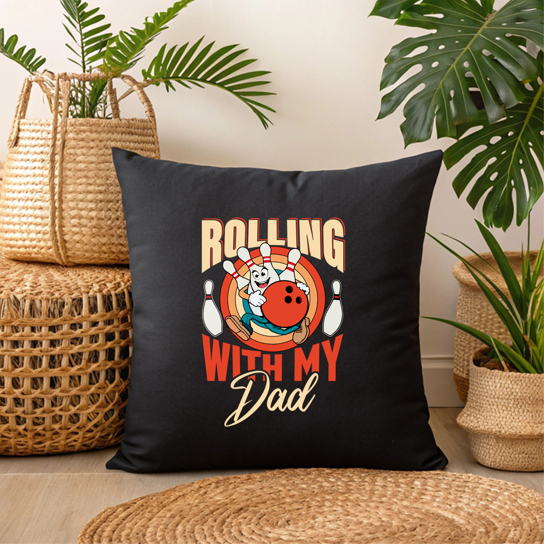 vintage bowling design for daddy and me perfect family fun 3 black pillow mock up 445