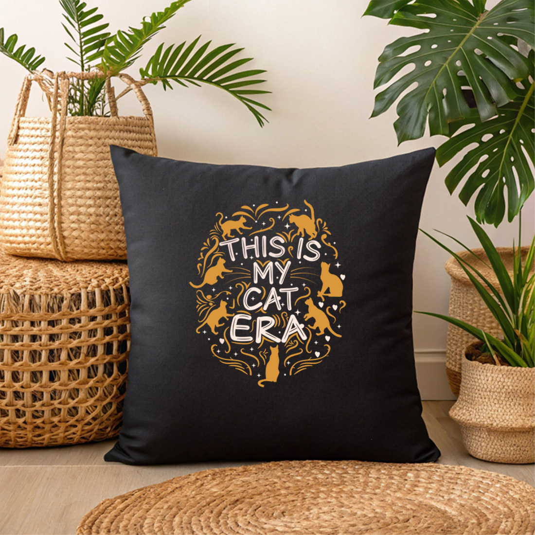 whimsical cat themed design with this is my cat era slogan for merchandise 3 black pillow mock up 802