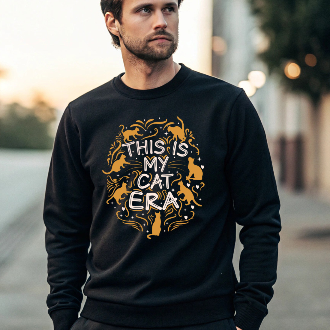 whimsical cat themed design with this is my cat era slogan for merchandise 4 black male sweatshirt mock up 257