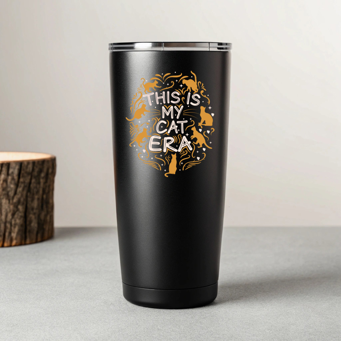 whimsical cat themed design with this is my cat era slogan for merchandise 7 black tumblers mockup 557