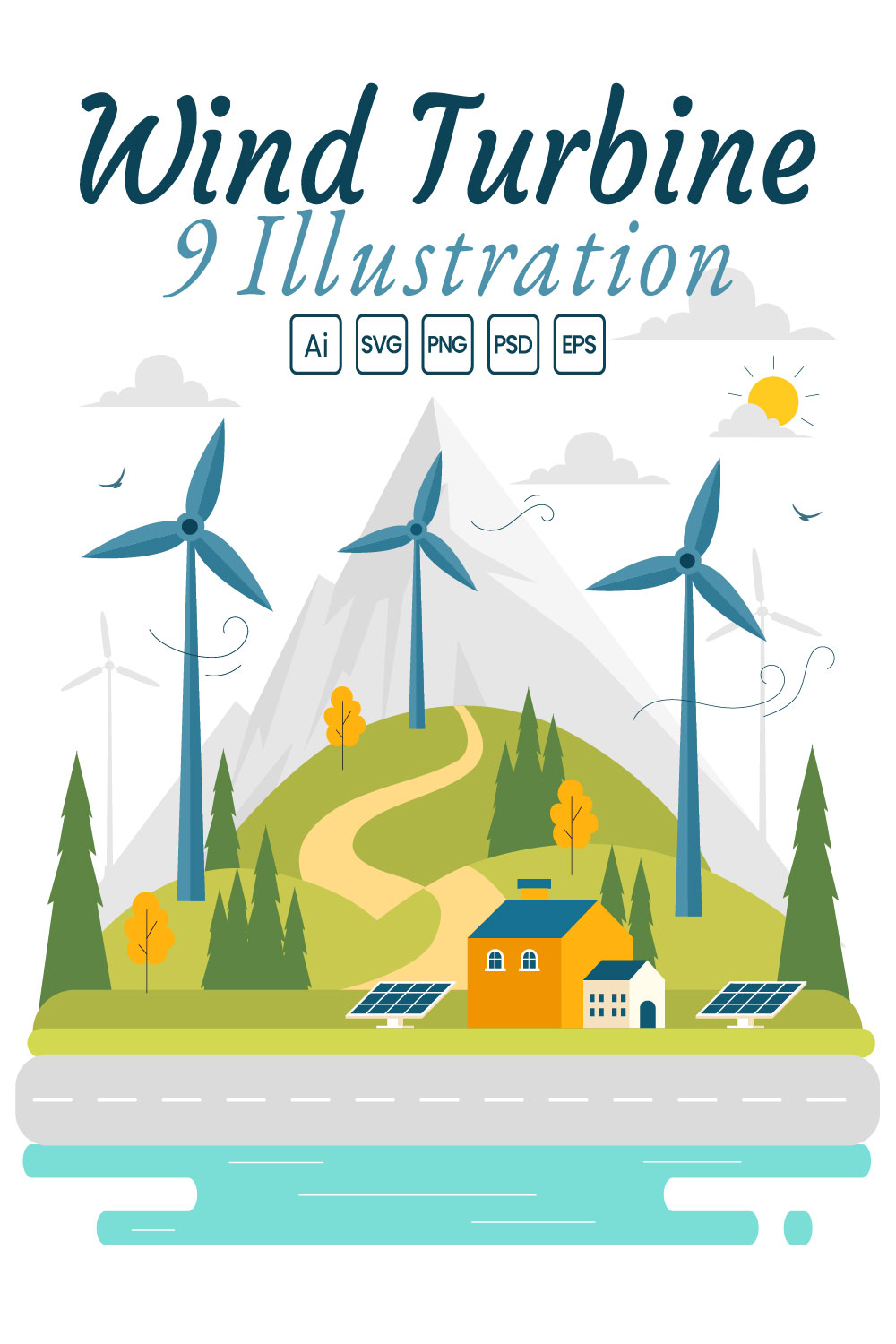 9 Sustainable Wind Turbine Illustration pinterest preview image.