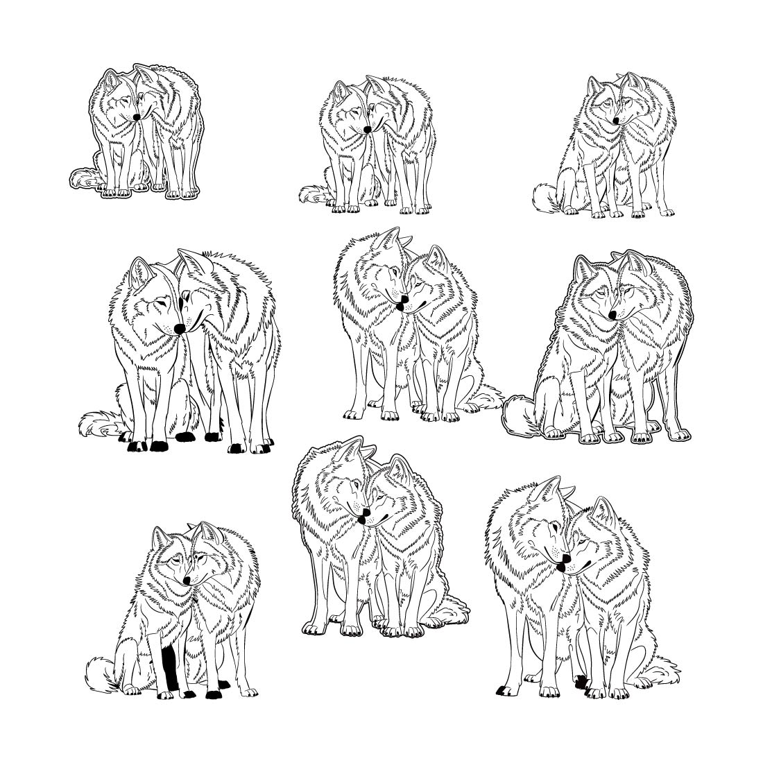 Affectionate line art wolves in harmony Wolf harmony vector preview image.