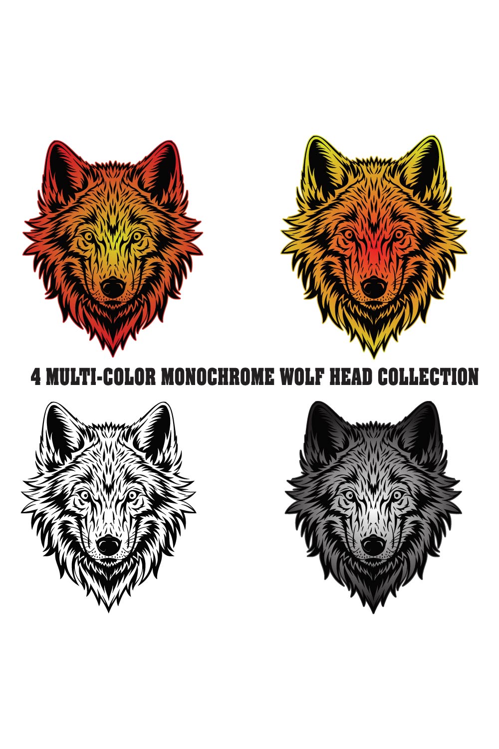 Colored and Monochrome Wolf Head Collection pinterest preview image.