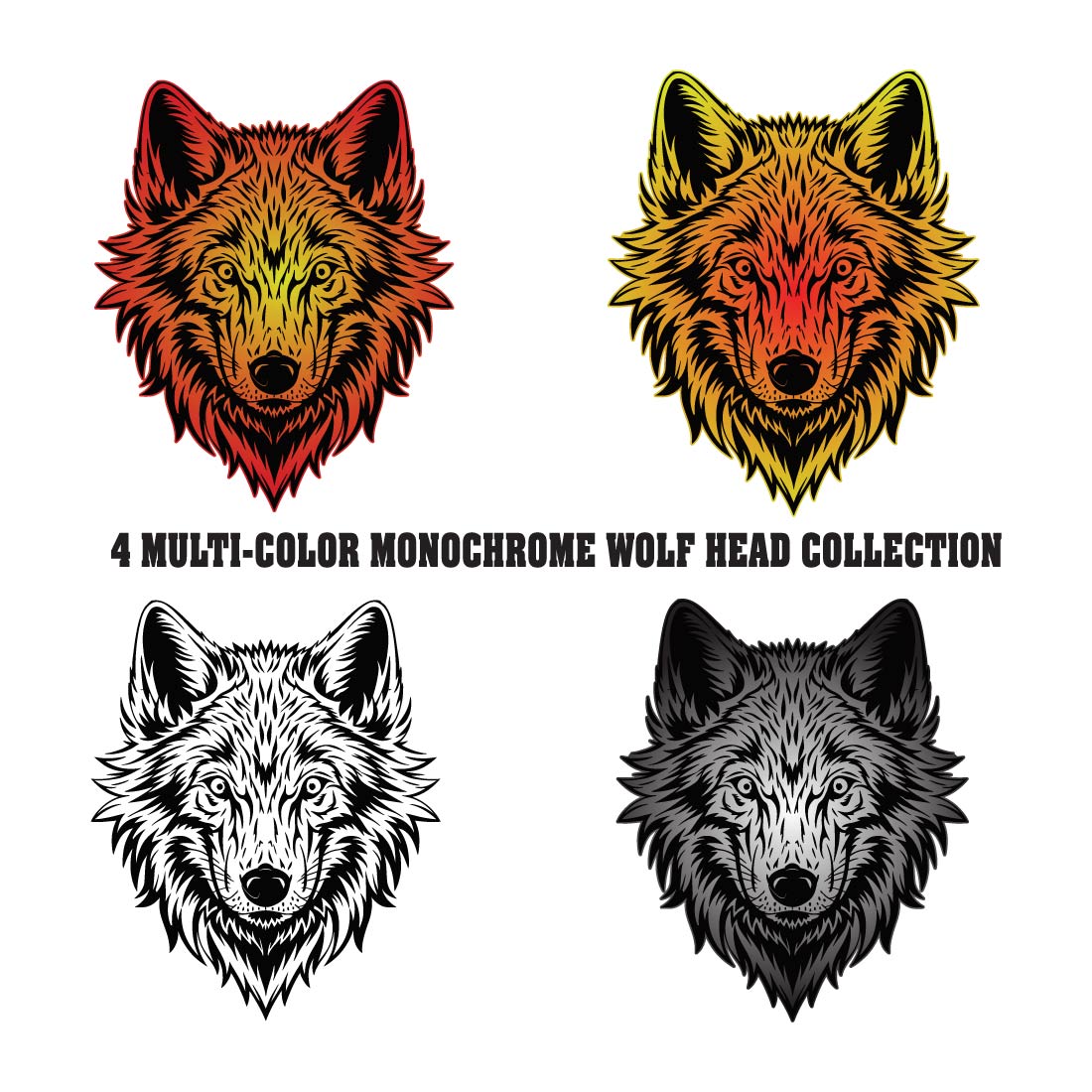 Colored and Monochrome Wolf Head Collection preview image.