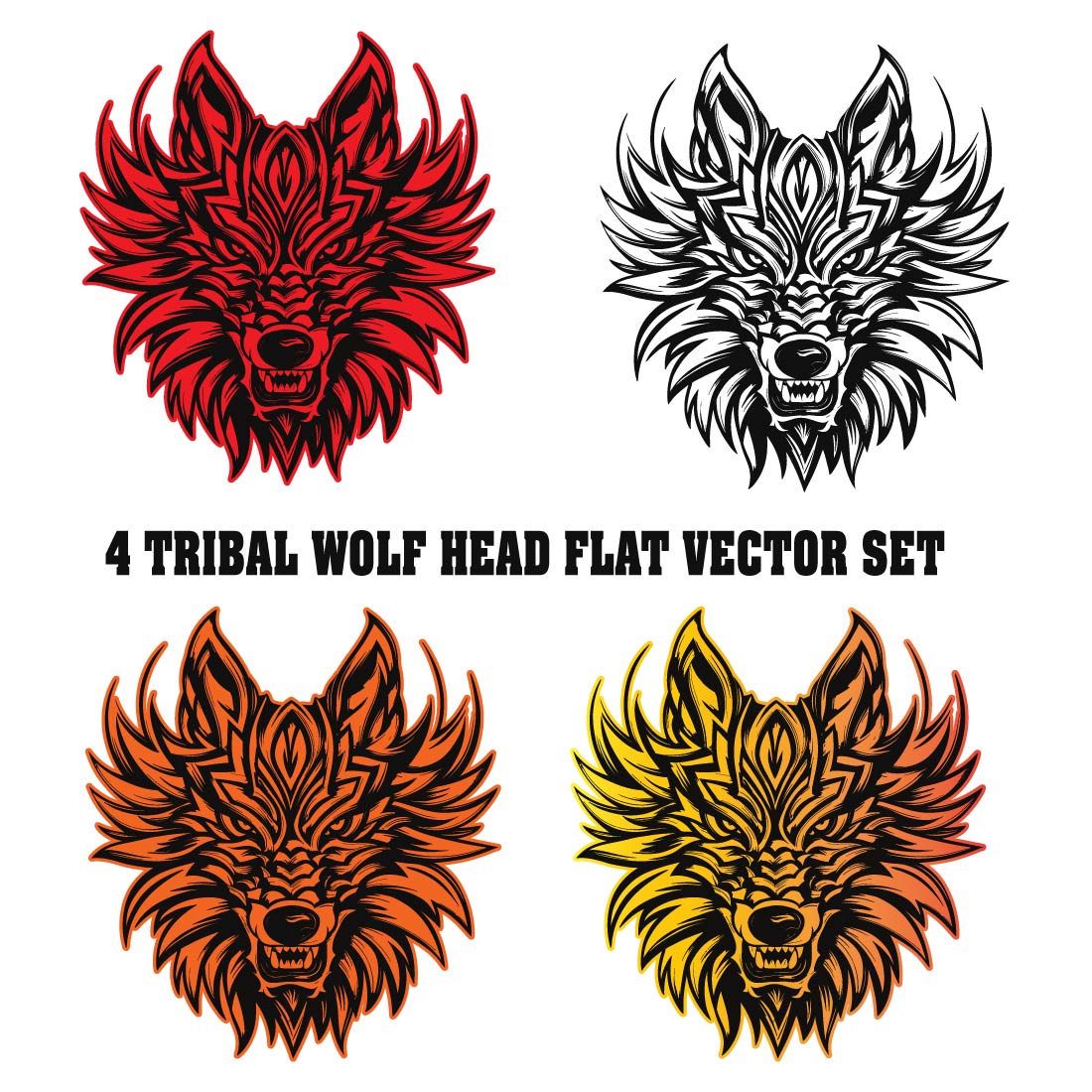 Tribal Wolf Head Flat Vector Set preview image.