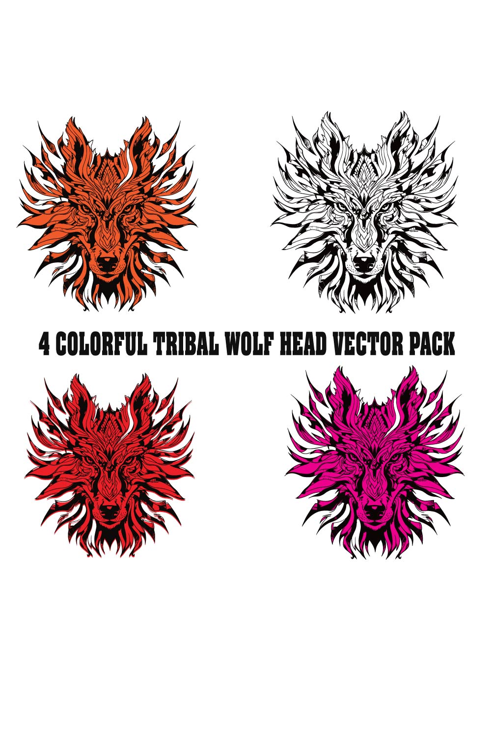 Colorful Tribal Wolf Head Vector Pack pinterest preview image.