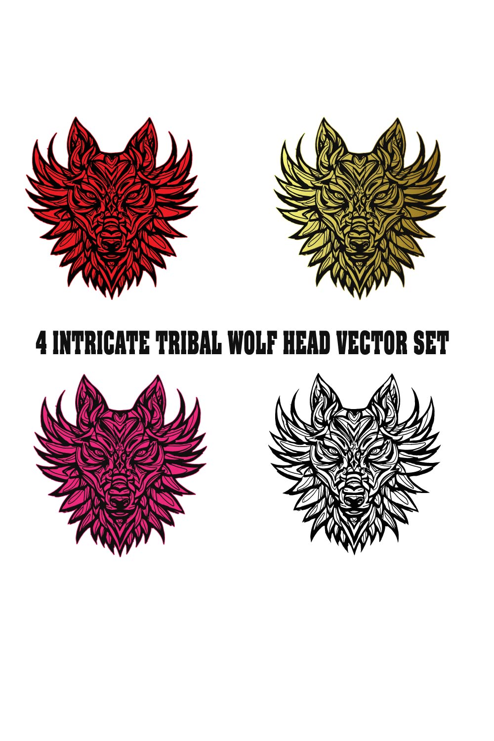 Intricate Tribal Wolf Head Vector Set pinterest preview image.