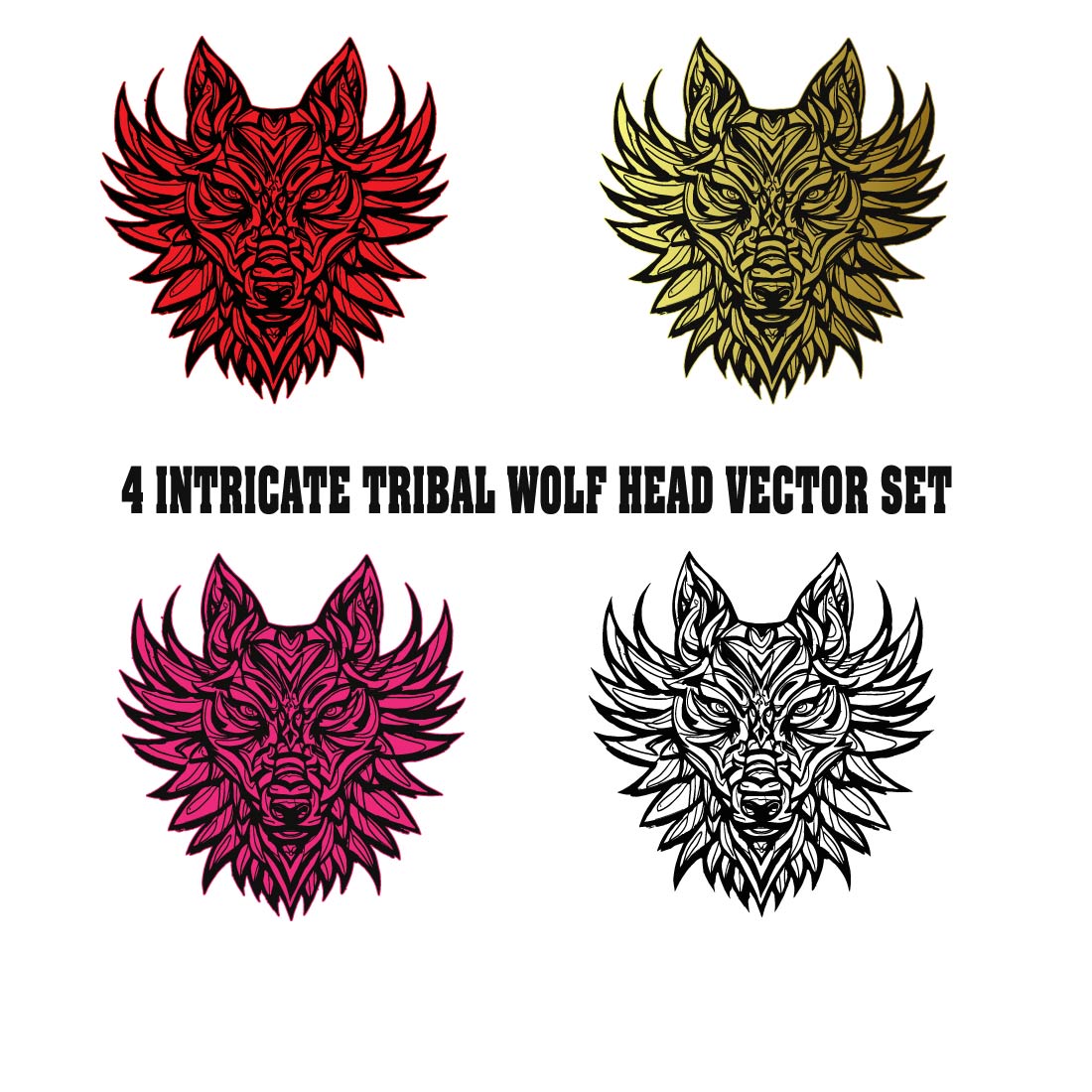 Intricate Tribal Wolf Head Vector Set preview image.