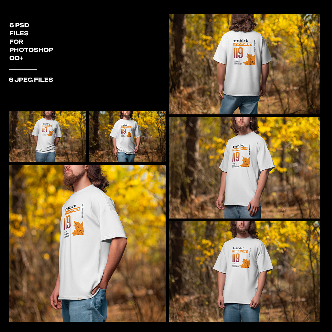 6 Mockups of Men's Oversize T-Shirt at the Outdoor Forest vol03 preview image.