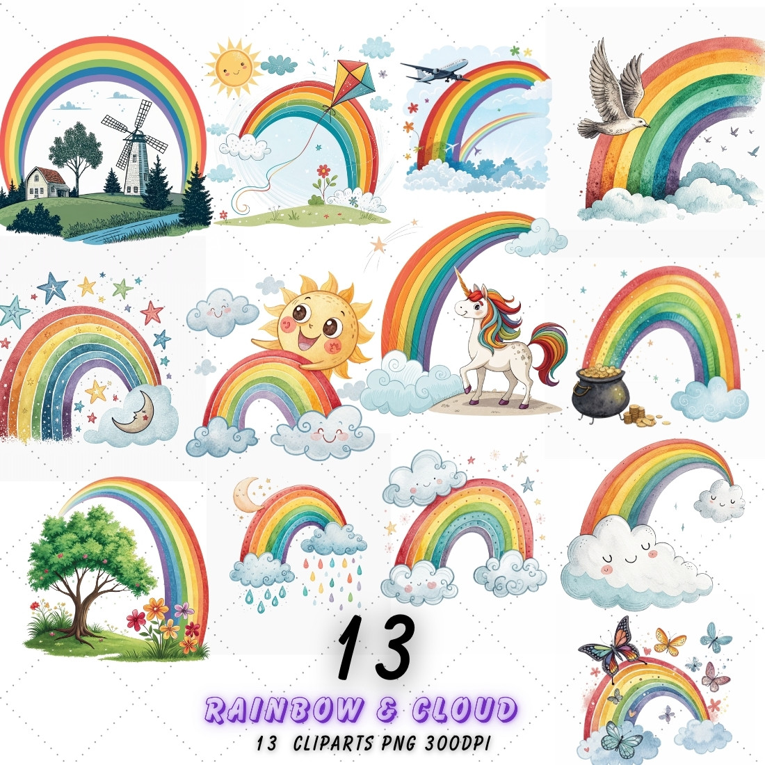 Rainbow & Cloud Sublimation Clipart Set – Vibrant Designs for T-Shirts, Mugs, and DIY Projects cover image.