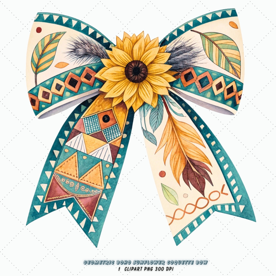 Geometric Boho Sunflower Coquette Bow Clipart, geometric boho bow, sunflower coquette bow, modern bow design, boho sunflower clipart, digital bow design, patterned geometric bow, sunflower bow art, boho modern design, coquette bow art, sunflower sublimation design cover image.