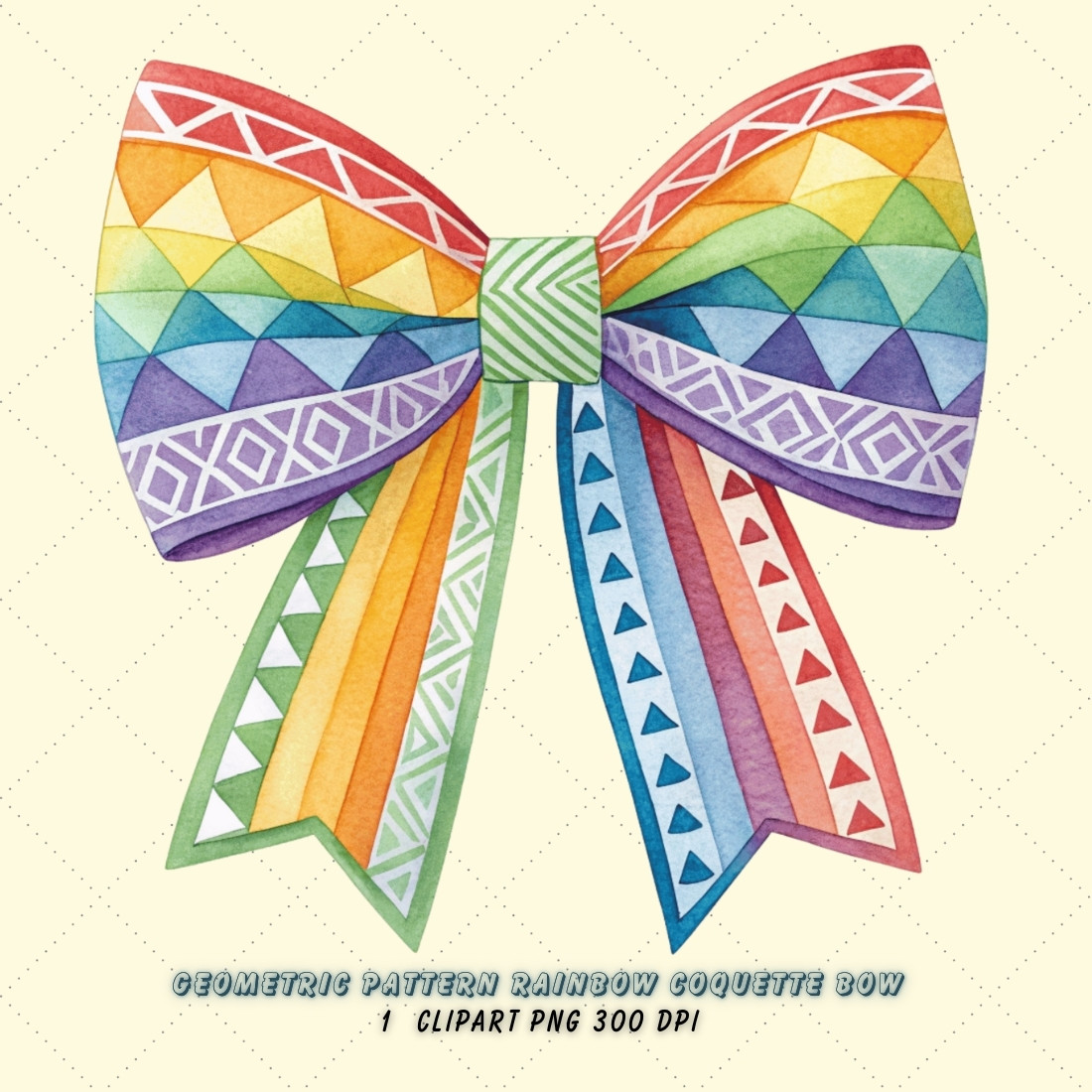 Geometric Rainbow Coquette Bow Clipart with Patterns, geometric rainbow bow, patterned coquette bow, modern bow design, rainbow clipart art, digital bow design, geometric pattern design, patterned bow art, modern rainbow pattern, coquette bow art, rainbow sublimation design cover image.