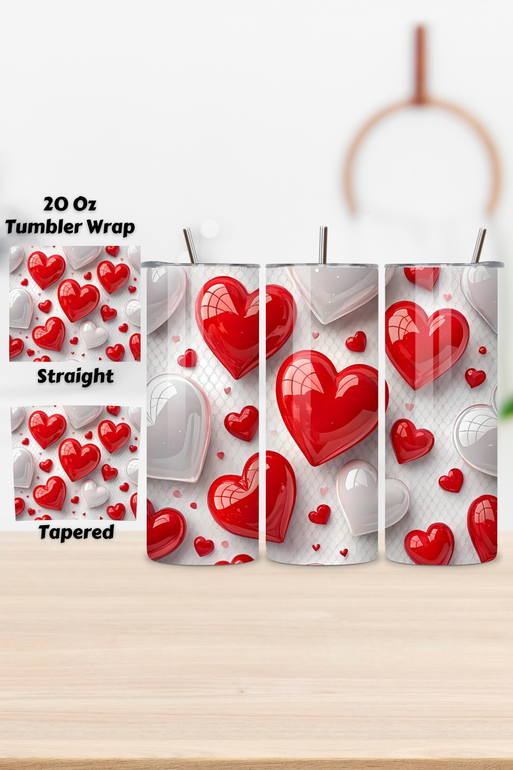 Valentine's Day 20 Oz Tumbler Wrap, Valentines Tumbler Wrap, Hearts Designs, Hearts Tumbler Wraps, Straight, Tapered, Sublimation PNG pinterest preview image.