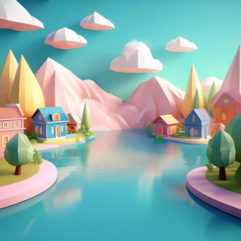 Whimsical Low Poly 3D Landscape with Pastel Colors cover image.