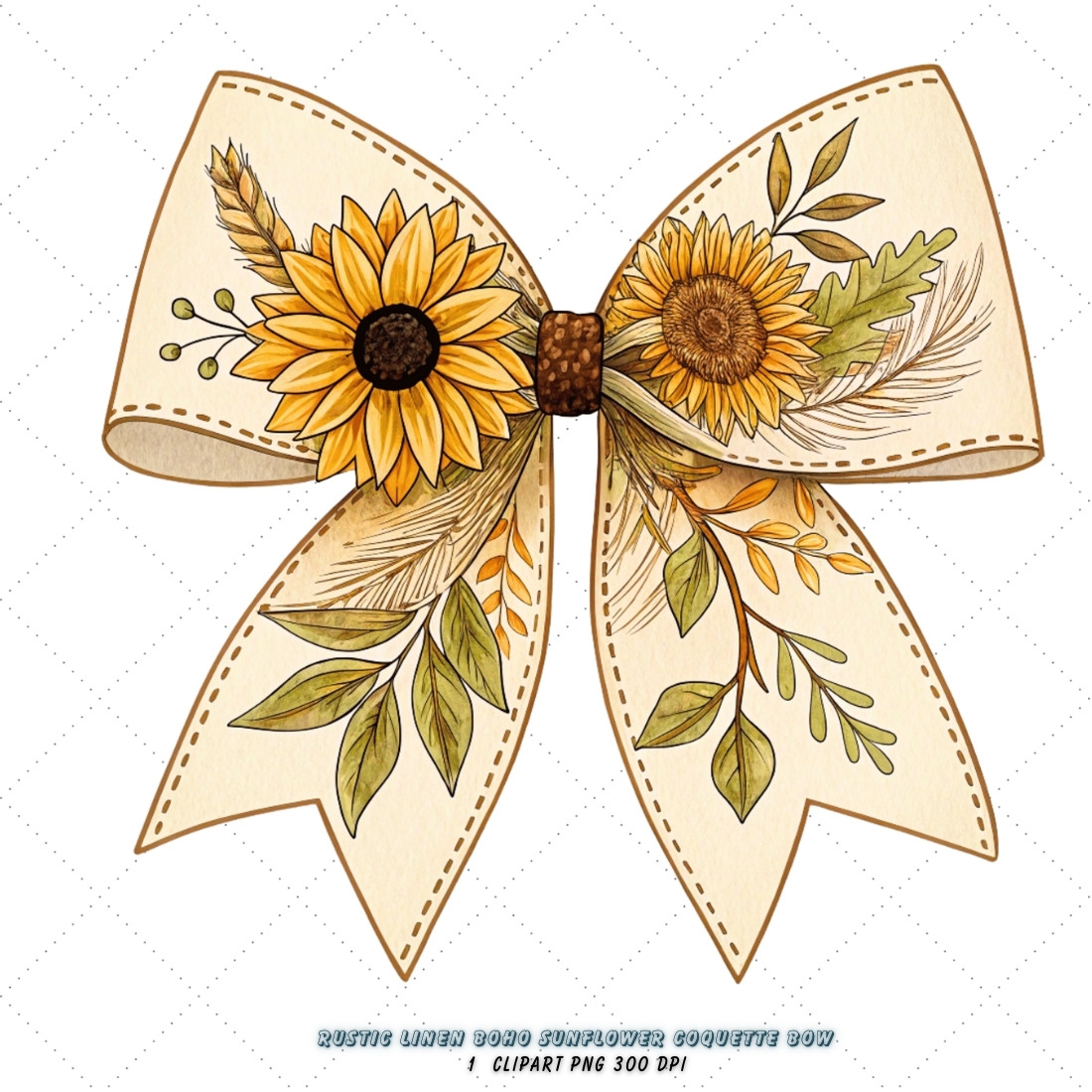 Rustic Linen Boho Sunflower Coquette Bow Clipart, rustic boho bow, sunflower coquette bow, natural bow design, boho sunflower clipart, digital bow design, textured linen bow, sunflower bow art, boho rustic design, coquette bow art, sunflower sublimation design cover image.